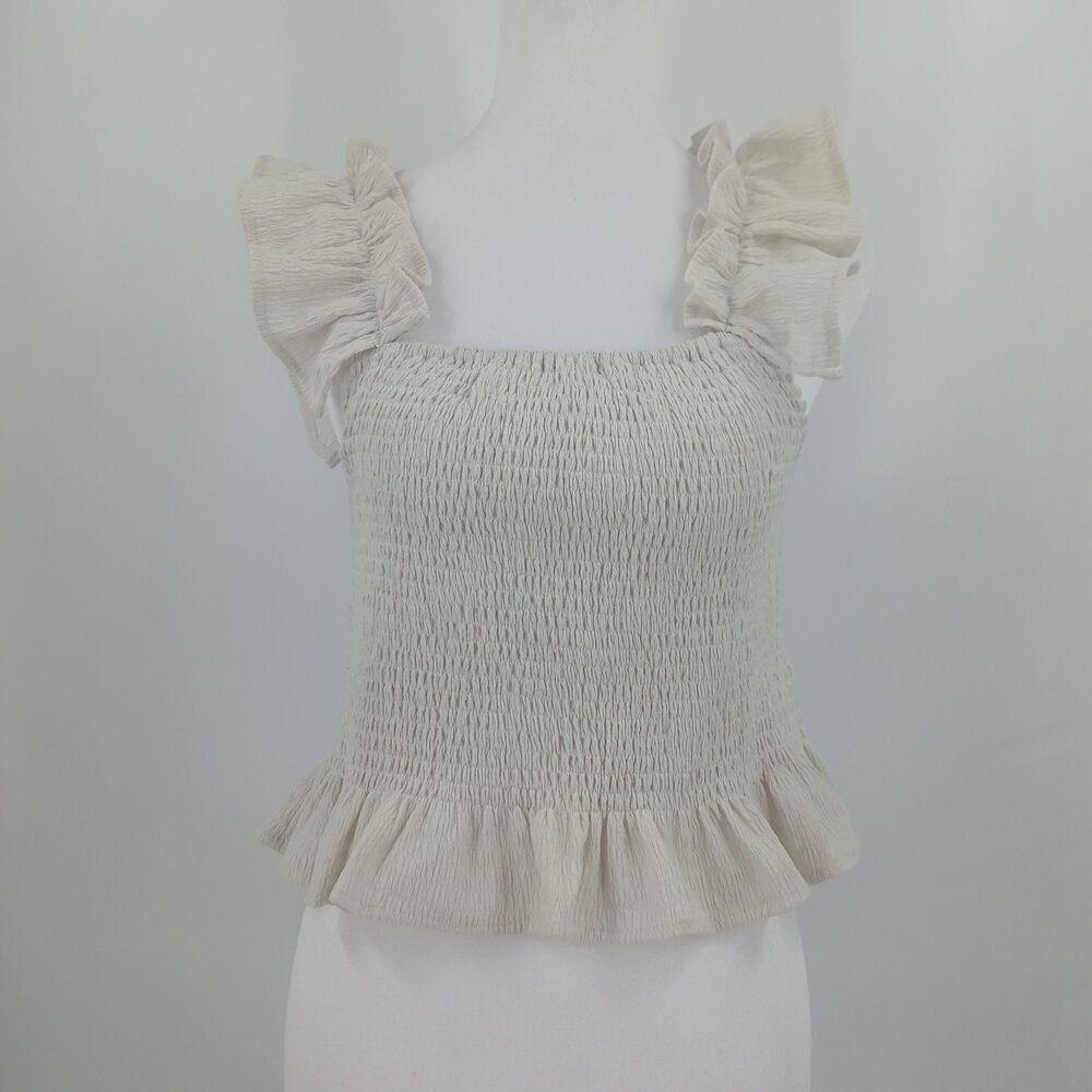 Miou Muse Cream Sleeveless Smocked Top Coquette Cropped Ruffle Size Large